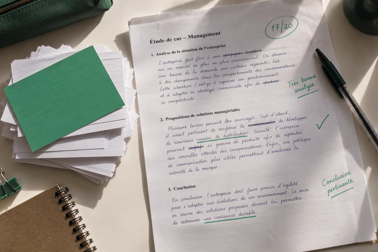 Copie annotée entourée de fiches de révision, vue de dessus