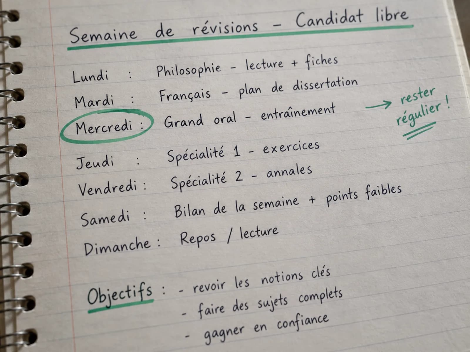 Planning hebdomadaire manuscrit de révisions pour candidat libre