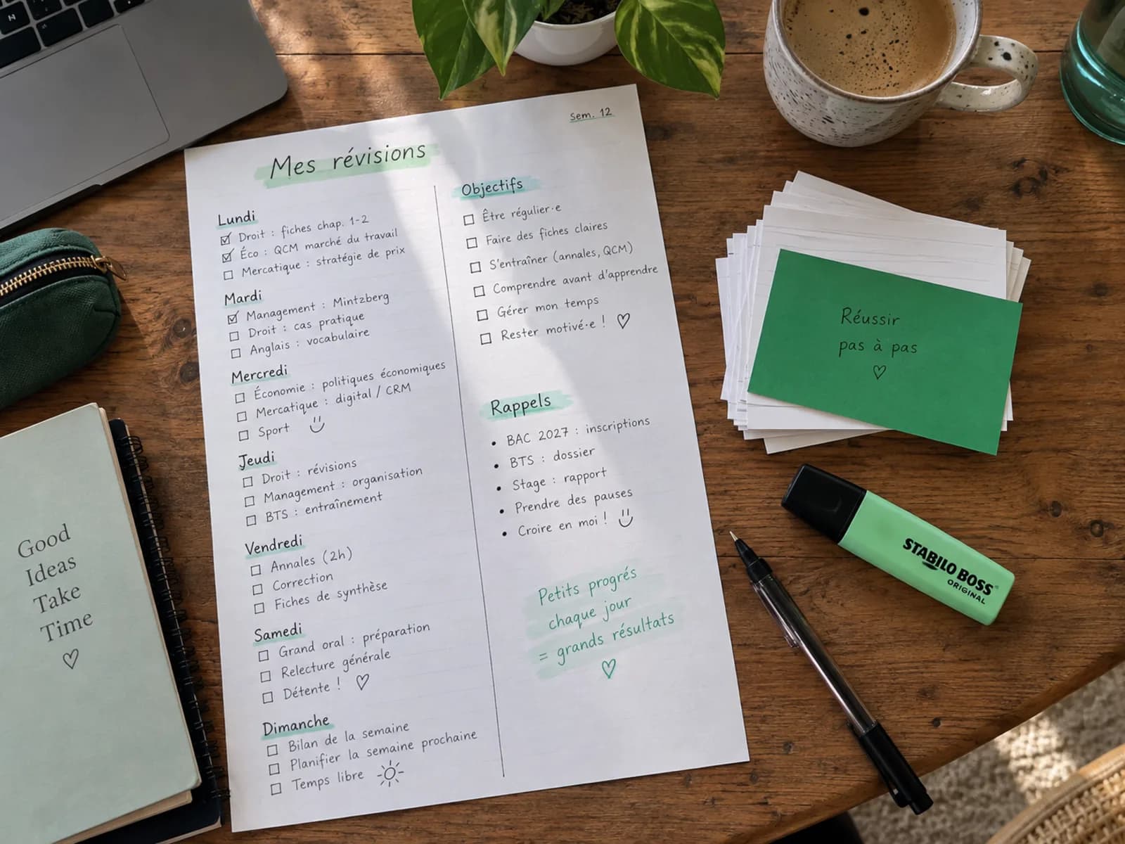 Planning de révisions et fiches pour candidat libre, vue de dessus