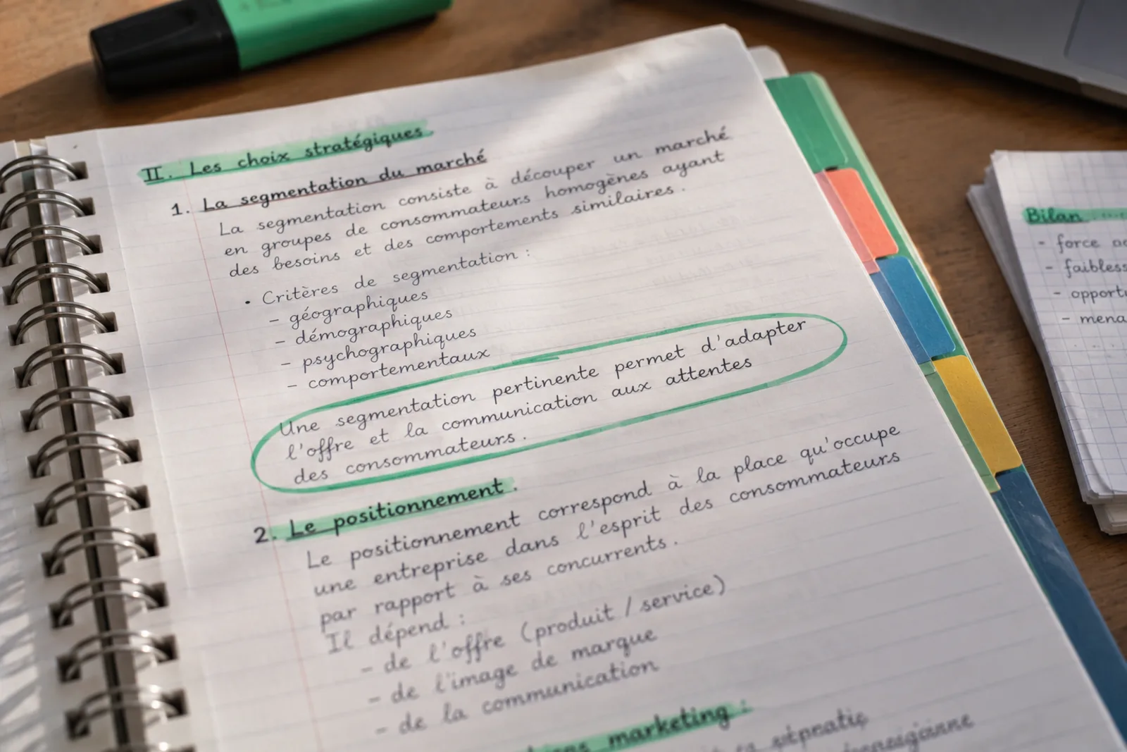 Cahier de fiches de révision annoté à la main