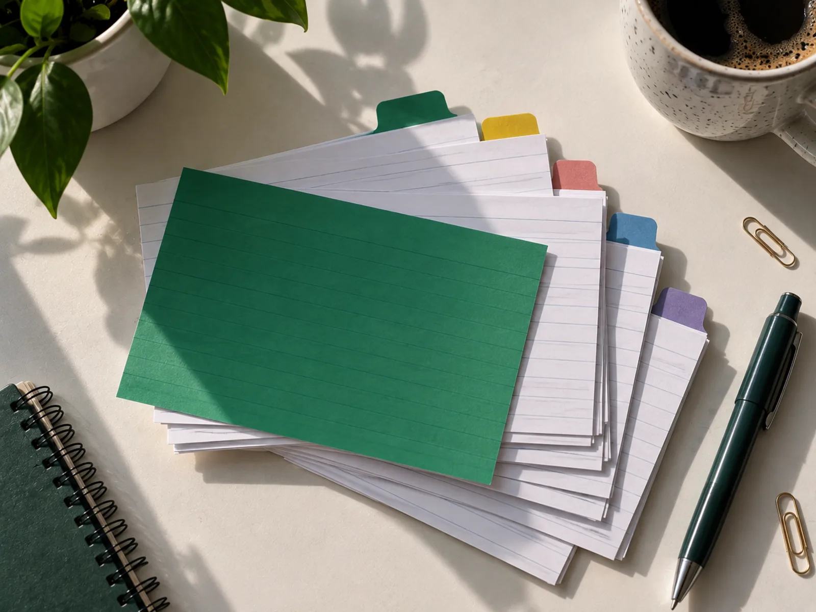 Pile de fiches de révision classées par onglets colorés, vue de dessus