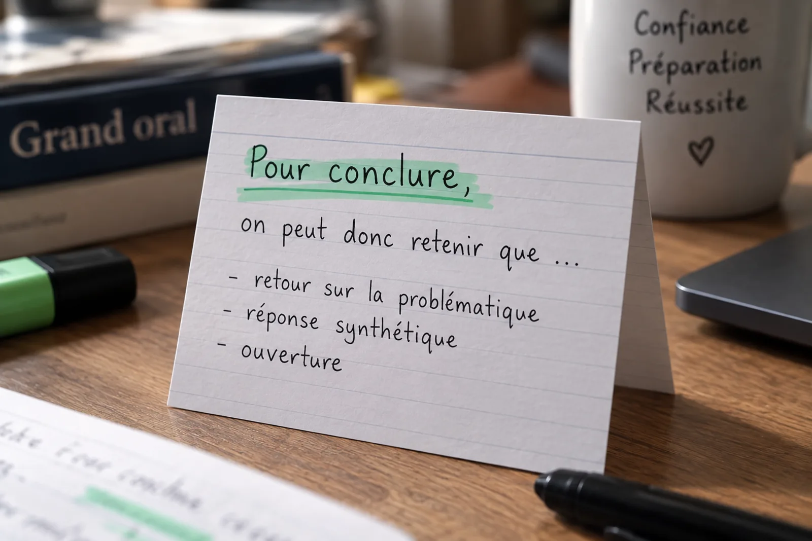 Carte manuscrite « Pour conclure » soulignée en vert pour préparer le Grand Oral