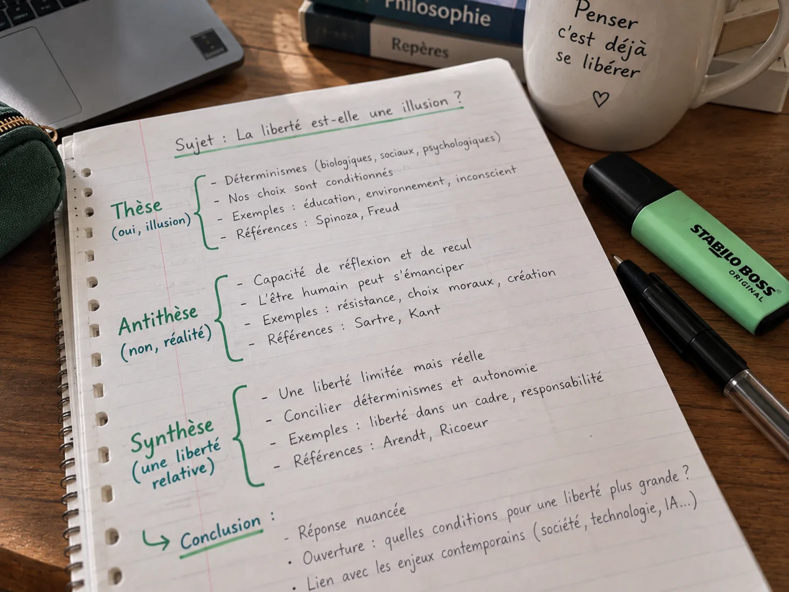 Cahier de notes de philosophie avec plan thèse-antithèse-synthèse annoté en vert