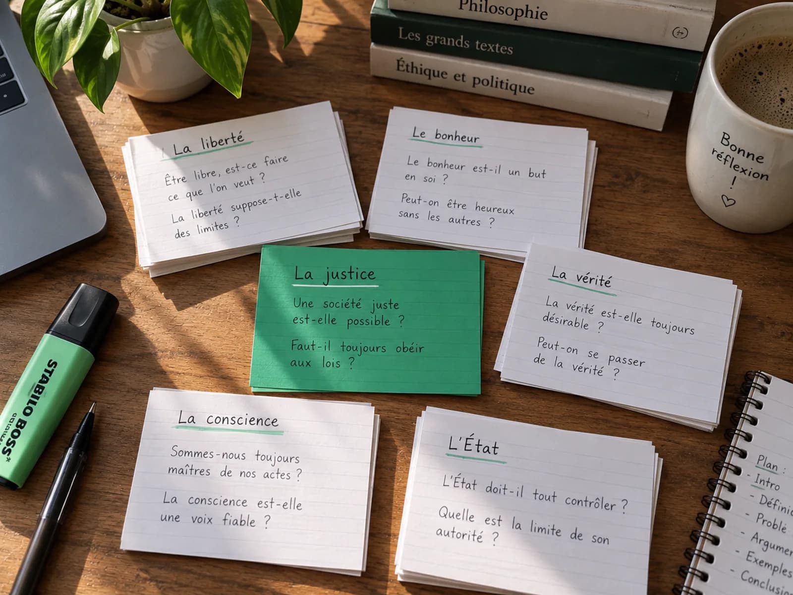Fiches de révision de philosophie classées par thème, vue de dessus